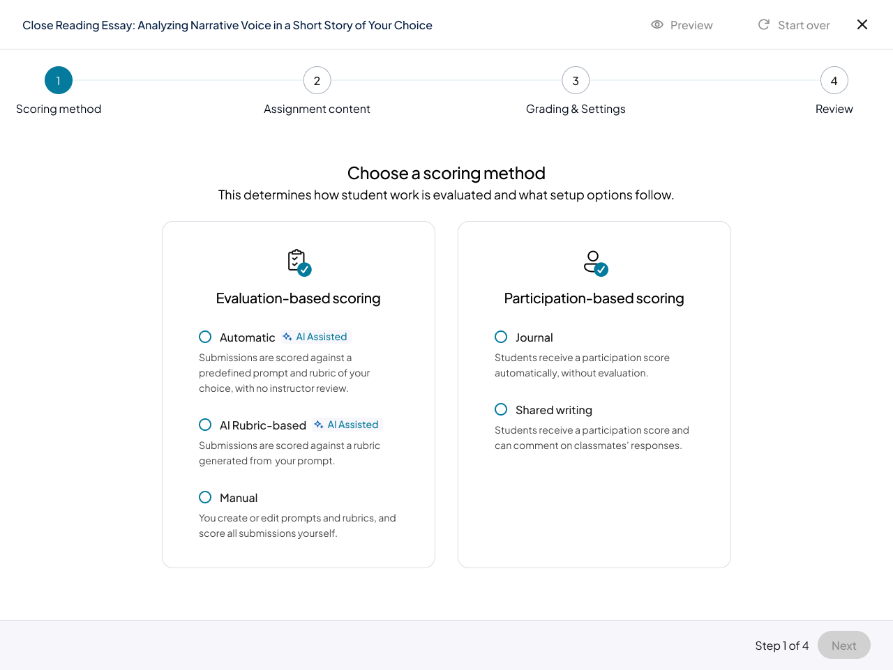 The scoring-method step of the redesigned Writing Solutions assignment flow.