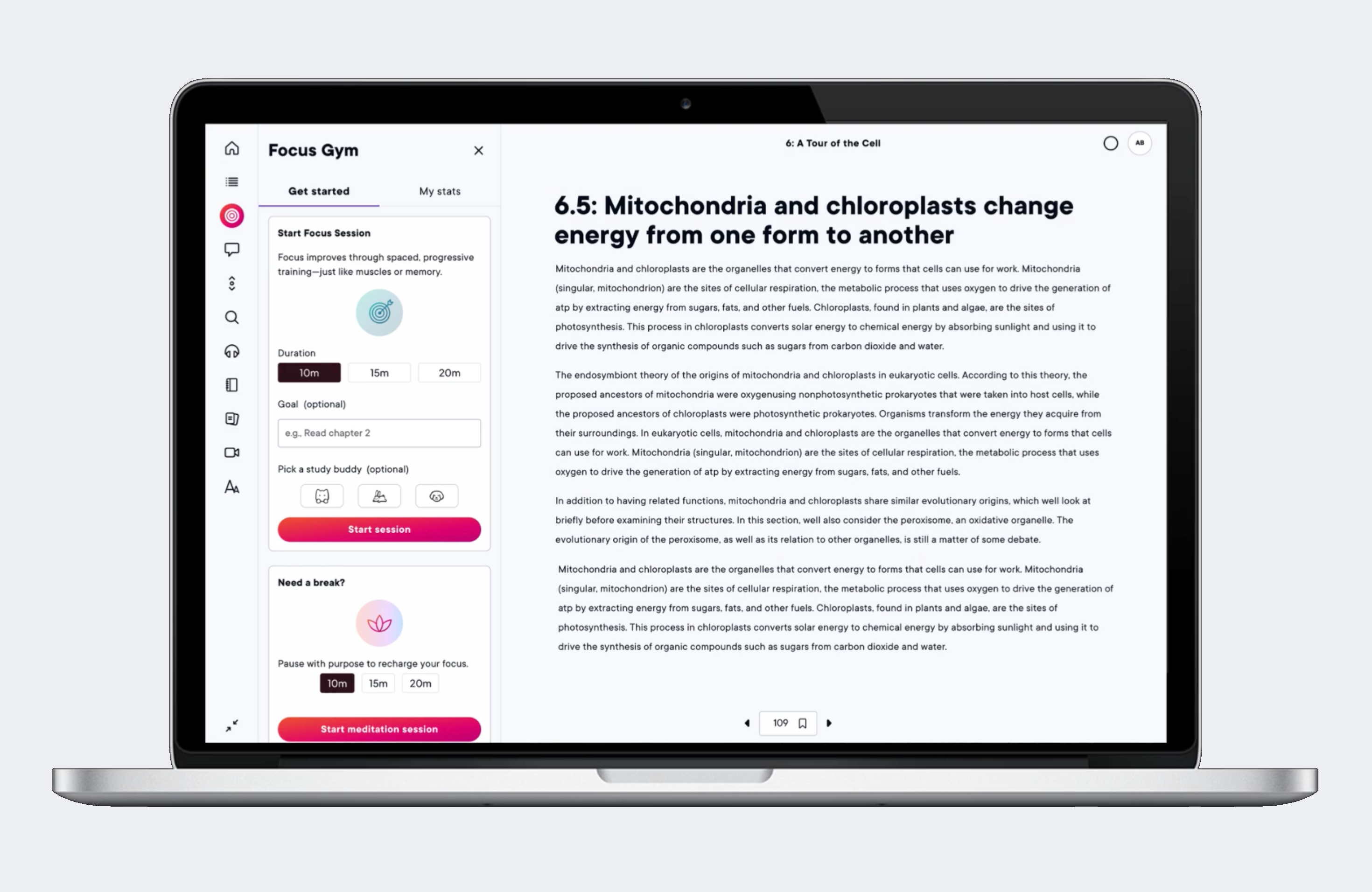 Focus Gym product screen: a focus-session panel inside the Pearson eText reader, with session duration, goals, study buddies, and a meditation break option.