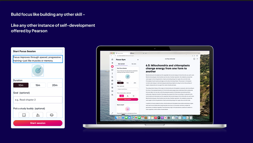 Slide: Focus Gym built into the Pearson eText toolbar alongside Study Tools, Notebook, and Audiobook.