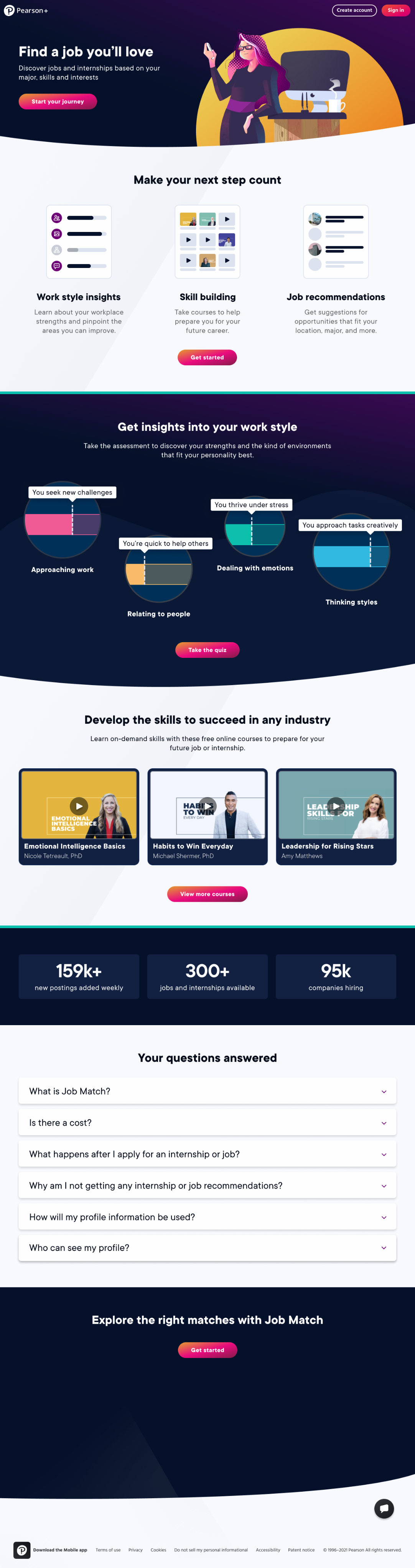 The unauthenticated Job Match home page in full: hero, feature previews, work-style section, skill-building courses, hiring stats, and FAQ.