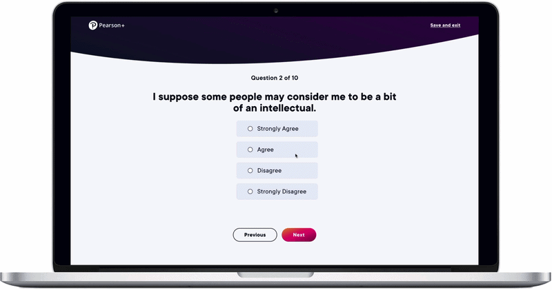 The Work Style Lens assessment on desktop: one question shown at a time with Strongly Agree to Strongly Disagree options and Previous / Next navigation.