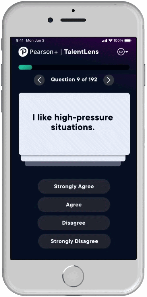 The in-progress mobile design of the assessment: a card-based question with a progress bar and large tappable answer options.