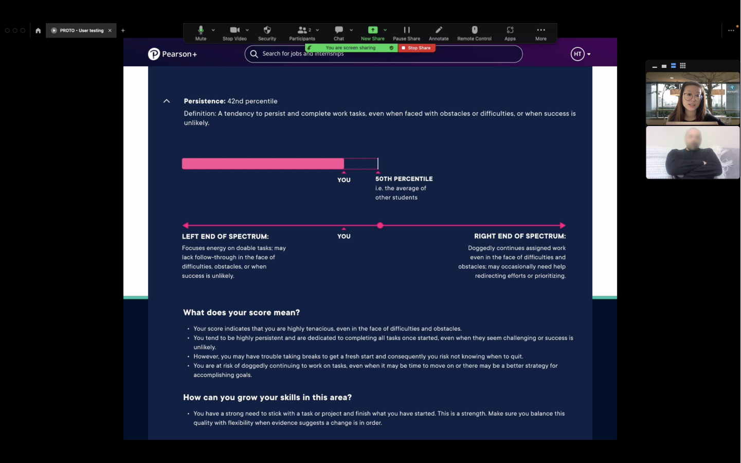 A Work Style Lens results screen shown during a moderated user-testing session: a Persistence percentile spectrum with What does your score mean and How can you grow your skills.