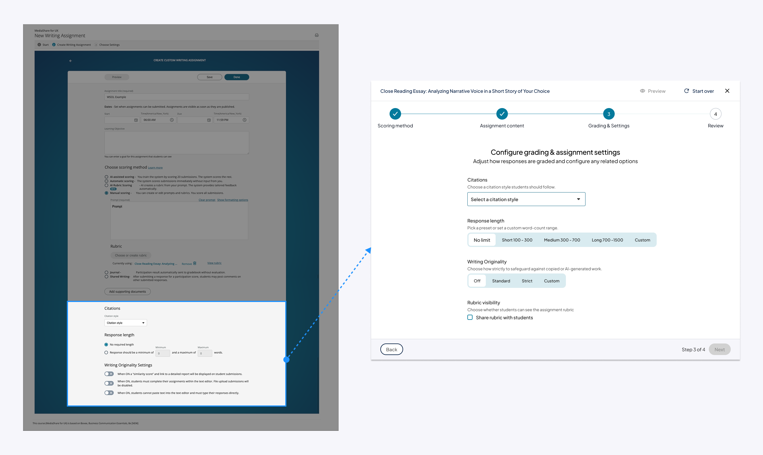 Before/after of the grading and settings section. Before: scattered citation, response-length, and originality toggles buried at the bottom of the long form. After: a focused Grading & Settings step with citation style, response-length presets, originality presets, and rubric visibility.