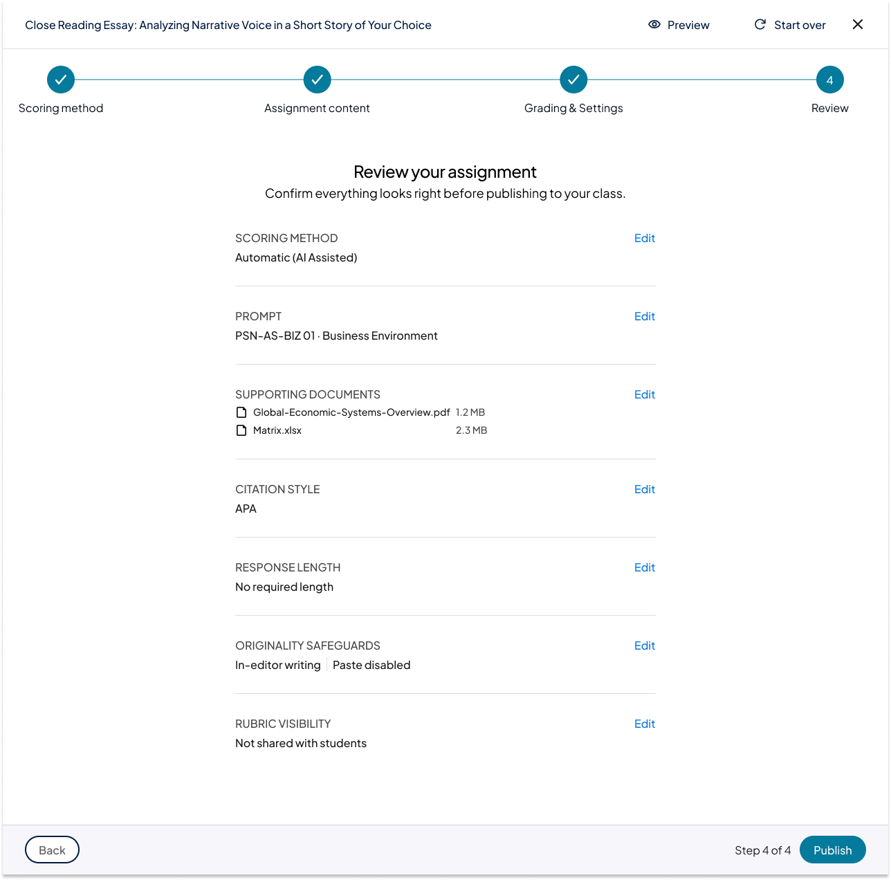 The new Review step: a summary of every choice (scoring method, prompt, supporting documents, citation style, response length, originality safeguards, rubric visibility), each with an inline Edit link, and a Publish action in the footer.